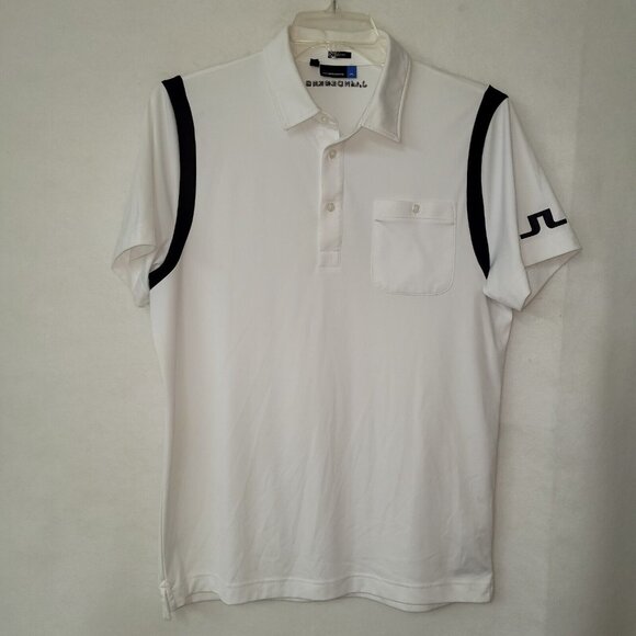 J Linderberg Dolph TX Golf Polo Shirt Men L Black White Slim Logo Performance - Picture 1 of 11